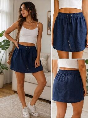 Ellen Tracy Navy Linen Blend Drawstring Mini Skirt Size Medium
